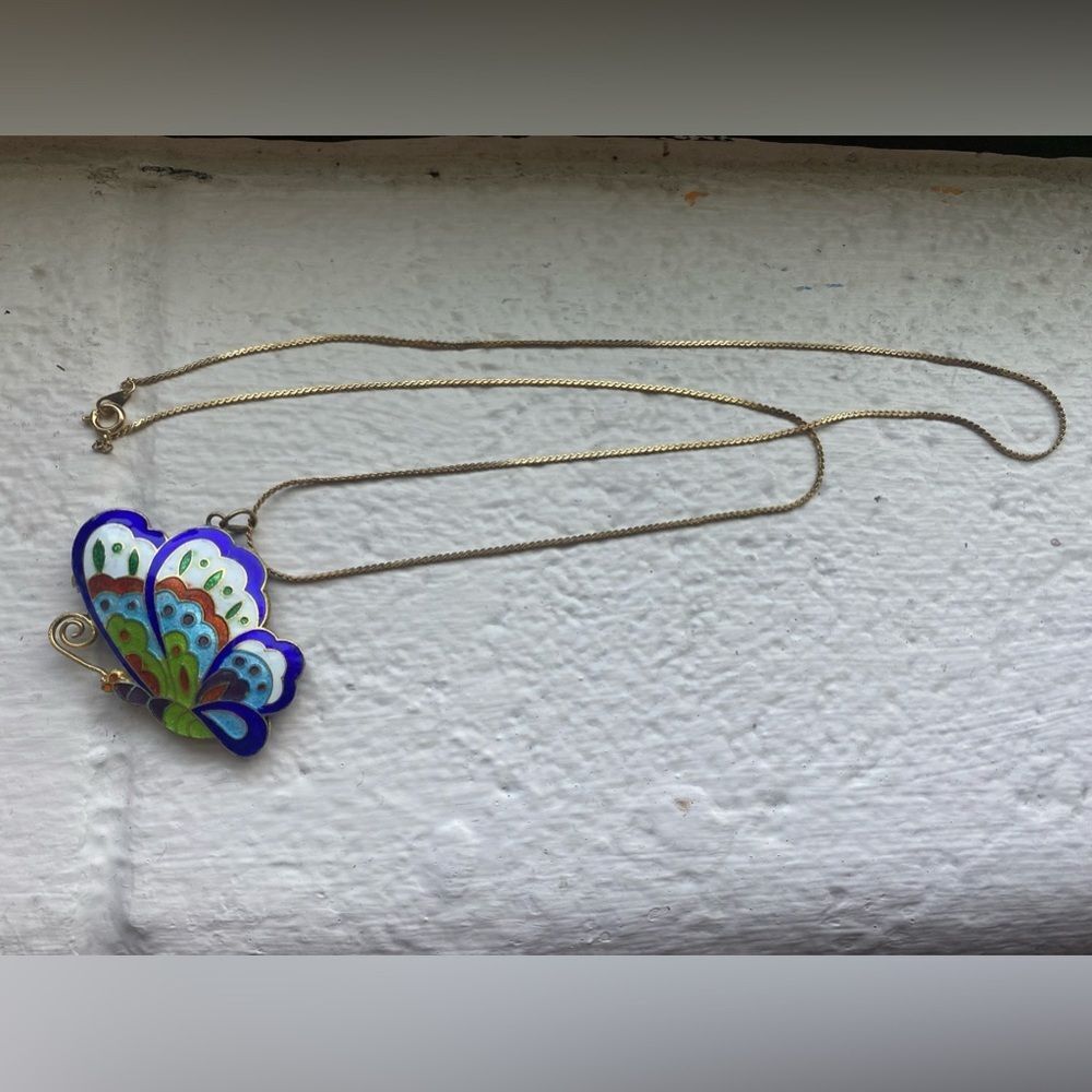 70s butterfly pendant gold tone necklace cloisonne enamel blue green vintage EUC - Picture 2 of 14